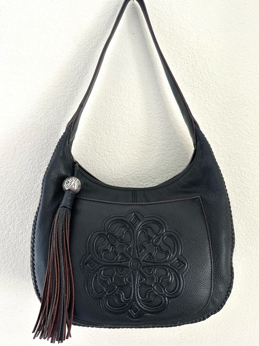 Brighton Silvana Ferrara Black Leather Hobo Shoulder Bag Tassel Retired